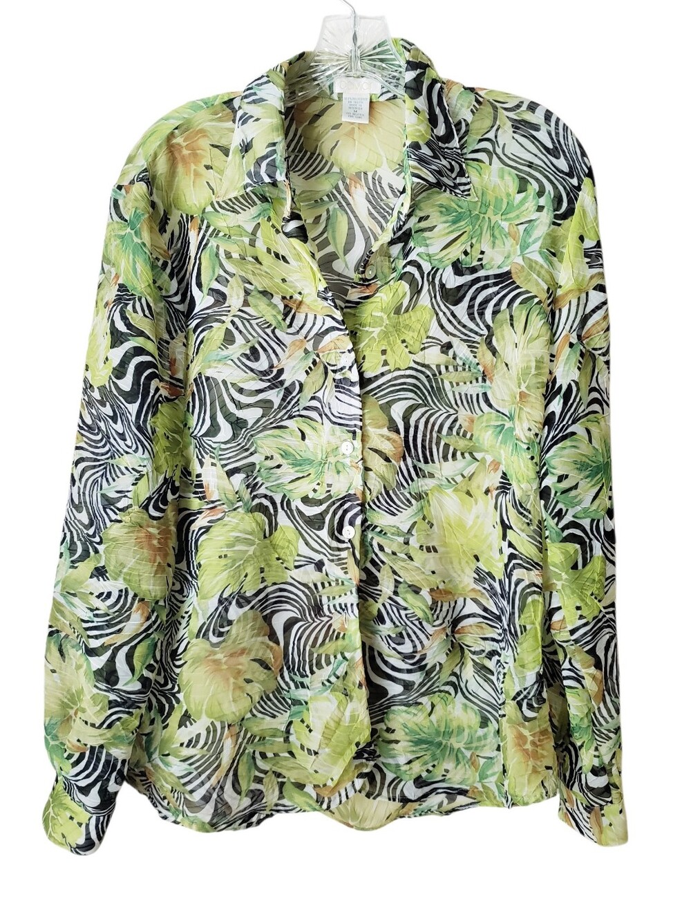 Vintage Caviar Green Tropical Leaf Print Sheer Blouse